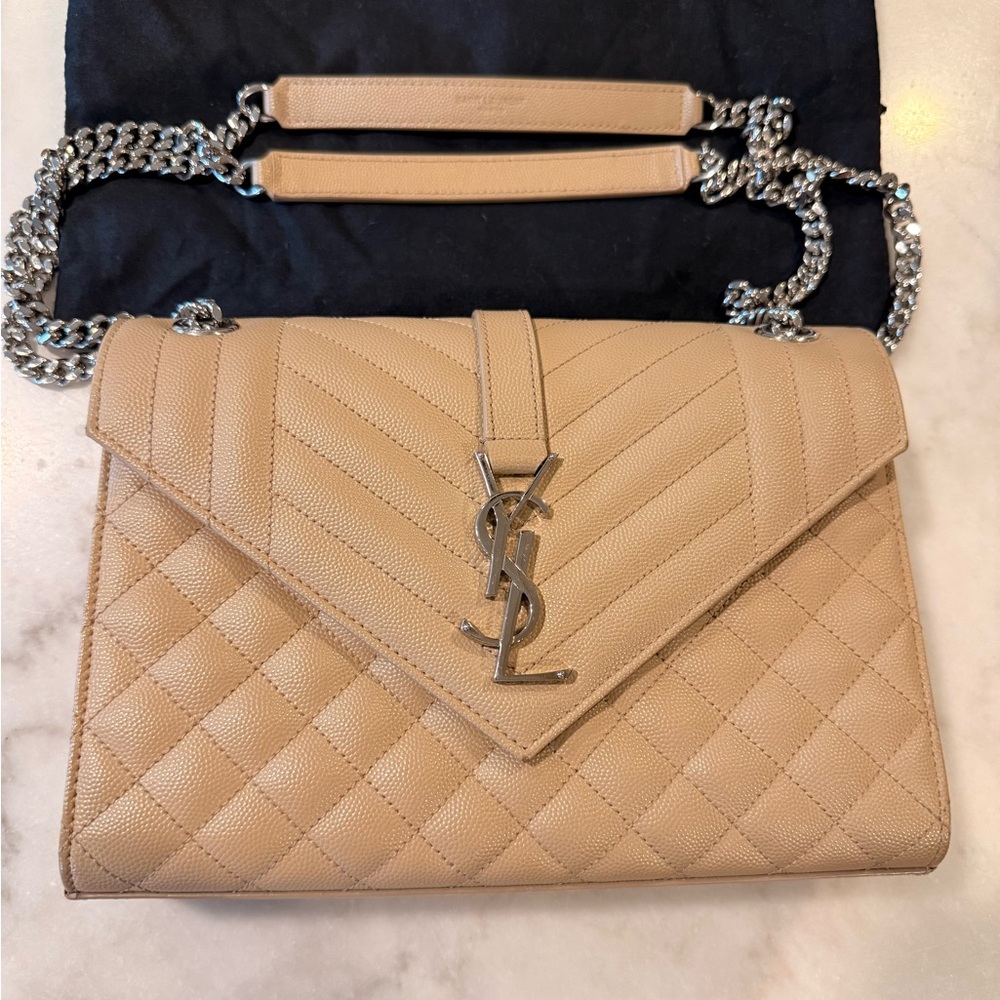 Saint Laurent Tan Quilted Leather Envelope crossbody Bag with Silver Hardware